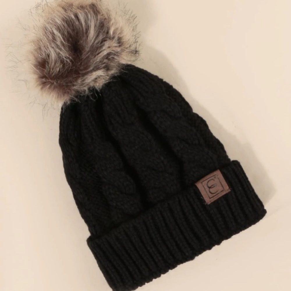 Black Knit Pom Pom Beanie - Picture 1 of 2